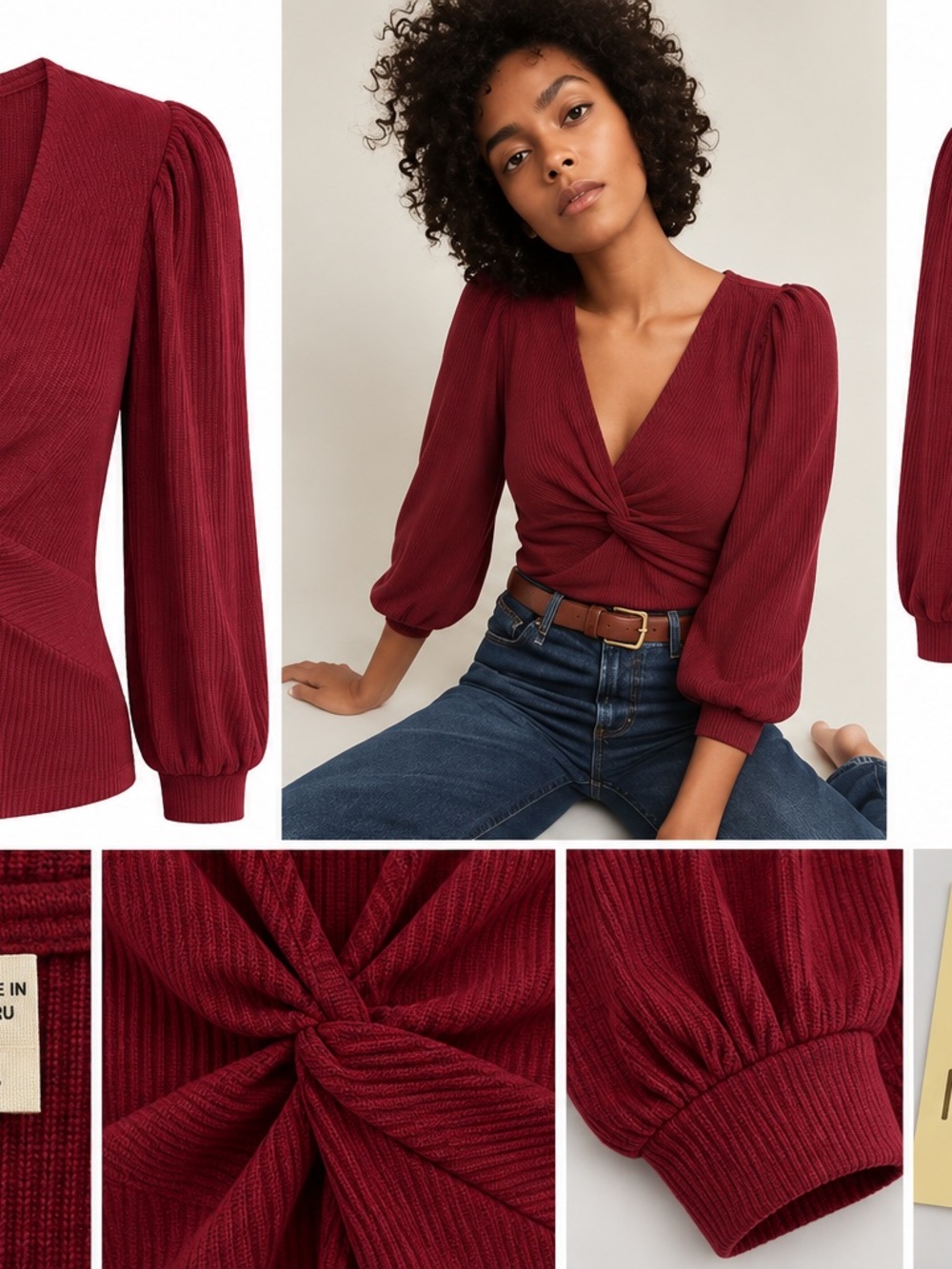 Nation NWT Ribbed Twist-Front Long Sleeve Top — color of the year - Burgundy